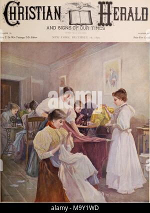 Color illustration depicting eight girls, wearing Victorian dresses and aprons, with their hair up in buns, carrying out a variety of sewing related activities, in a workroom at the Girls' Industrial Home on 14th street in New York City, from the front page of volume number 51 of the 'Christian Herald and Signs of Our Times, ' edited by Reverand T De Witt Talmage DD, and published by The Christian Herald, New York, 1896. Courtesy Internet Archive. ()