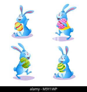 Happy blue bunny collection isolated on white background. Cute cartoon rabbit set with chocolate easter painted eggs. Decoration for greeting card banner. Easter egg hunt. Colorful vector illustration Stock Vector