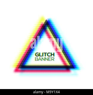 Minimal style art. Glitch texture triangle frame design. Distorted modern background with glitch effect. Glitched sign concept with rgb cmyk colors channel. Error tv screen. Color vector illustration. Stock Vector