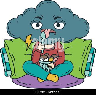 Frustrated, bad mood person eat ice cream. Gloomy person. Vector illustration isolated on white background. Stock Vector