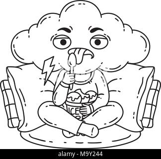 Frustrated, bad mood person eat ice cream. Illustration for coloring pages. Outline illustration. Black and white illustration. Stock Vector