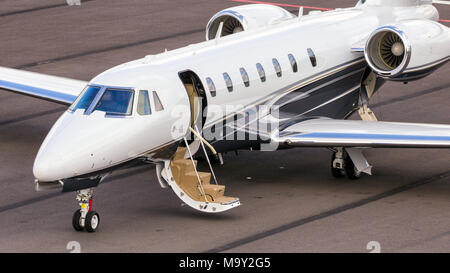 EINDHOVEN, THE NETHERLANDS - SEP 17, 2016: Cessna 680 Citation Sovereign business jet on the tarmac of eindhoven airport. Stock Photo
