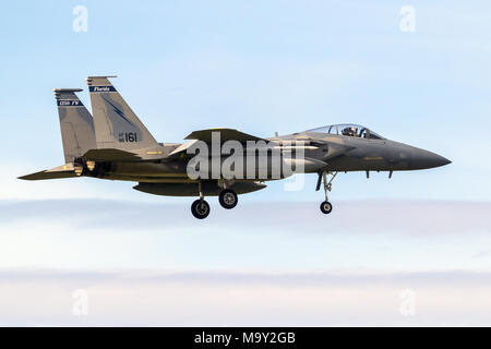 LEEUWARDEN, NETHERLANDS - APR 5, 2017: US Air Force F-15 Eagle fighter jet aircraft landing during exercise Frisian Flag. Stock Photo