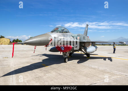 LARISSA, GREECE - MAY 5, 2017: Greek airforce F-16 fighter jet aircraft on the tarmac of Larissa airbase. Stock Photo