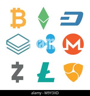 Set of cryptocurrency icons. Simple design in different color. Vector Stock Vector