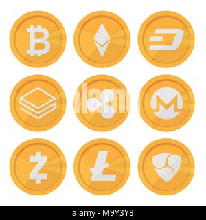 Set of cryptocurrency icons for internet money. Blockchain based secure Stock Vector