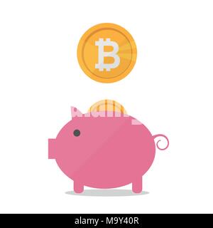 Pig money box with falling bitcoins. Vector flat design banner concept Stock Vector