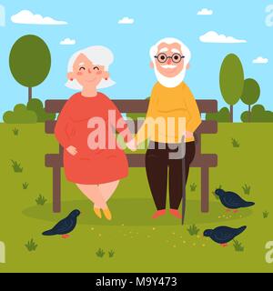 Elderly couple in love on bench outdoors. Pigeons Stock Vector