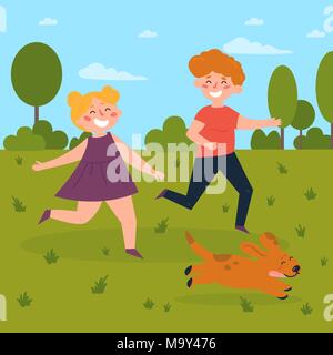 Kids playing with dog in the park. Boy and girl Stock Vector