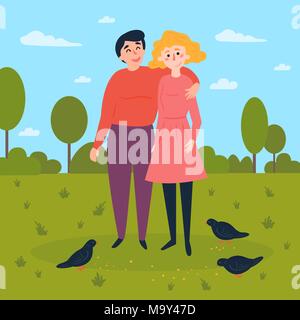 Young couple in the park with pigeons around Stock Vector