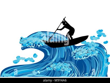 abstract silhouette of Fisherman and wave on awhite background Stock Vector