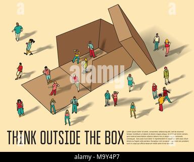 Isometric group business people think outside box. Stock Vector