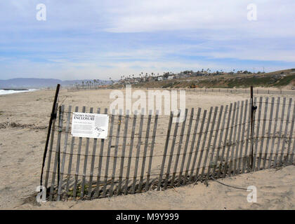 Fencing and signage at Dockweiler State Beach. LOS ANGELES, Calif. - Fencing and signage at Dockweiler State Beach. For the first time in nearly 70 years, western snowy plovers are nesting on Los Angeles County beaches. Stock Photo