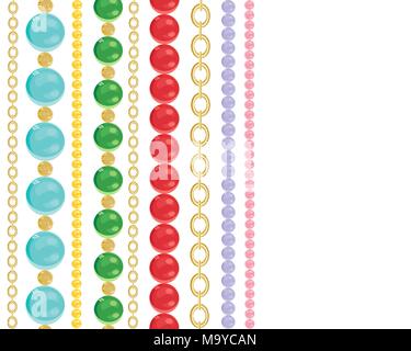 an illustration of colorful bead necklaces and gold chains on a white background Stock Vector
