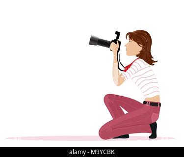 an illustration of a female photographer dressed in pink jeans with striped top ready to take photographs on a white background Stock Vector