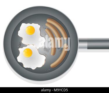 an illustration of a frying pan with two eggs and four sausages with droplets of oil on a white background Stock Vector
