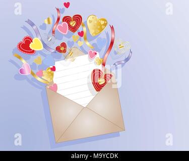 an illustration of a brown envelope with note card and colorful decorative love hearts in red pink and gold on a blue background Stock Vector