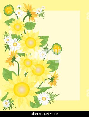 an illustration of beautiful yellow sunflowers with buds and leaves and chamomile on a lemon background Stock Vector