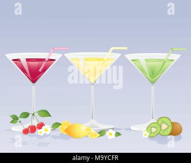 an illustration of three glasses of different fruit juices with straws and fresh fruit garland on a blue background Stock Vector