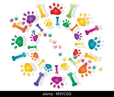 an illustration of colorful rainbow paw prints and bones with shadow in a circular design on a white background Stock Vector