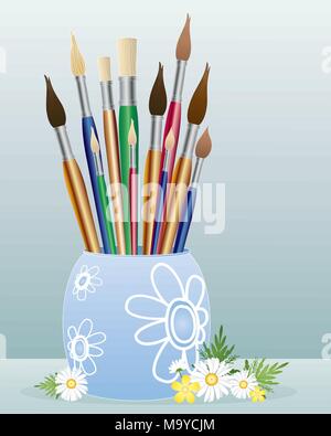 an illustration of a container full of different sizes of artists paintbrushes with chamomile flowers and foliage on a winter blue background Stock Vector