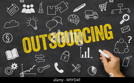 Outsourcing written on a blackboard with icons Stock Photo