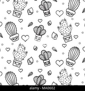 dotted shape kawaii cactus plant with heart and leaves background Stock Vector