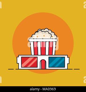 Popcorn buckeand 3d glasses, movie entertainment. Cinema snack. Outline flat style. Stock Vector