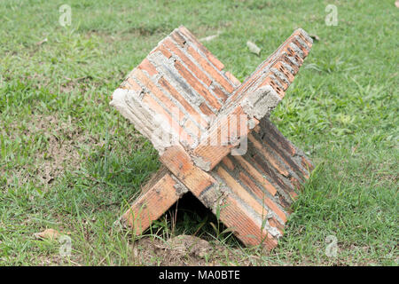 fragments of red bricks, A pile of old cement or broken Bricks Stock Photo