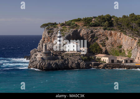 Lighthouse at Port de Soller on the Mediterranean coast of Mallorca Stock Photo