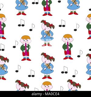 Boy and girl play melody on musical instruments. Vector seamless illustration. Stock Vector