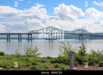 Tappan Zee Bridge in Tarrytown, New York, Westchester, beautiful day, blue sky, some clouds, view from mainland over hudson river Stock Photo