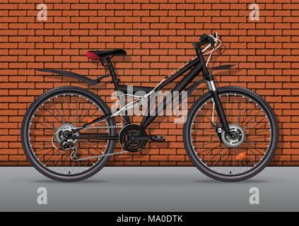 Bicycle vector realistic illustration. Black metallic bike half-face with many multiple detail standing on asphalt against a brick wall background, 3D Stock Vector