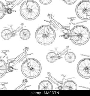 Bicycle contour drawing seamless pattern, monochrome, black and white illustration, sketch, coloring, vector background. Outline drawn bike half-face  Stock Vector