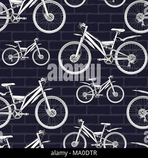 Bicycle contour drawing seamless pattern, sketch, coloring, vector background. Outline white drawn bike half-face with many multiple details on a dark Stock Vector