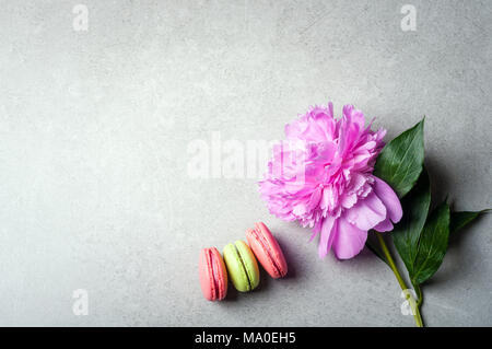 Flower peony, macaroons on grey background. Holidays, happy birthday, annivarsary concept Stock Photo