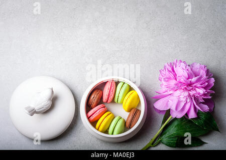 Flower peony, macaroons on grey background. Beautiful blog fashion concept Stock Photo