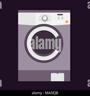 Modern washing machine with a front loading, illustration in flat style, isolated on dark background. Violet, grey and white colored washing machine,  Stock Vector