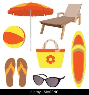 Summer vacation accessories in flat style, set. Chaise longue, slippers, sun glasses, sun umbrella, inflatable ball, beach bag, surfboard. Colorful ab Stock Vector