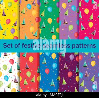 Set of seamless patterns with balloons and caps, confetti. A festive background of gift wrappers, wallpaper, fabrics. Vector illustration Stock Vector