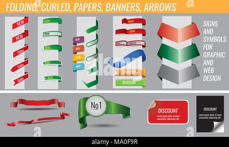 Set of bow ribbon banner and curled page, label collection Stock Vector