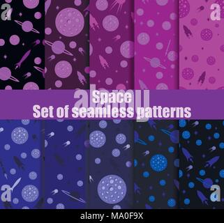Space seamless pattern set. Galaxy, background with spaceships, asteroids and stars. Vector illustration Stock Vector