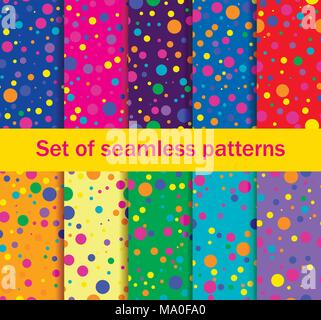 Seamless patterns with colored circles are randomly scattered. Bright colors, collection of ten backgrounds. Vector illustration Stock Vector