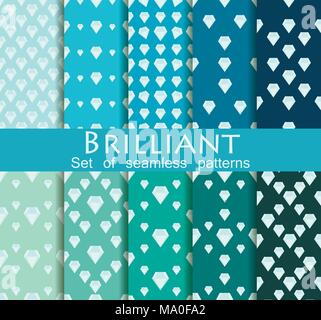 Brilliant set of seamless patterns. Flat diamonds with faces, a large collection. Vector illustration Stock Vector