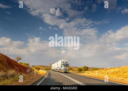 Road train in outback Queensland, Australia. Stock Photo