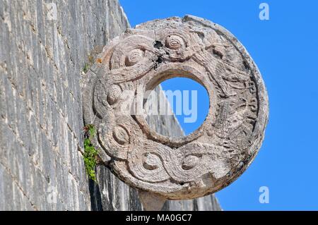 Stone ring at the great ball game court in the Chichen Itza, Mexico. Stock Photo