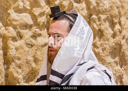 Ultra Orthodox Jew wrapped with traditional religious Talit shawl and Tefillin phylacteries at prayer in the Western Wall old city, East Jerusalem, Is Stock Photo