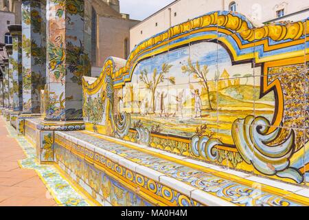 Seat detail in Basilica di Santa Chiara Cloister in Naples, Italy. Stock Photo