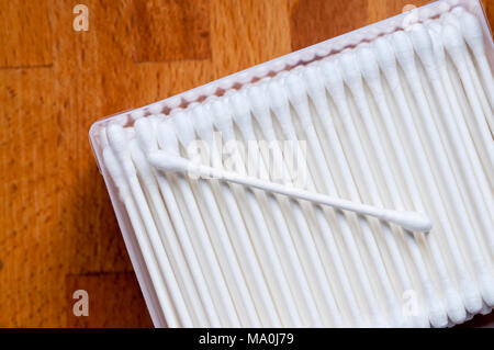 A box of cotton buds with paper sticks to avoid plastic pollution. Stock Photo