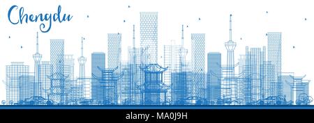 Outline Chengdu China City Skyline with Blue Buildings. Vector Illustration. Business Travel and Tourism Concept with Modern Architecture. Chengdu Stock Vector